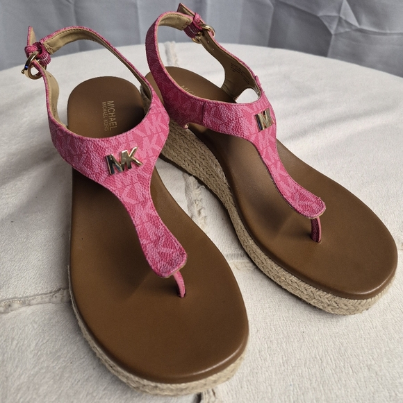 Michael Kors Shoes - Michael Kors Pink Logo Laney Thong Espadrille Wedge Sandals Size 7.5